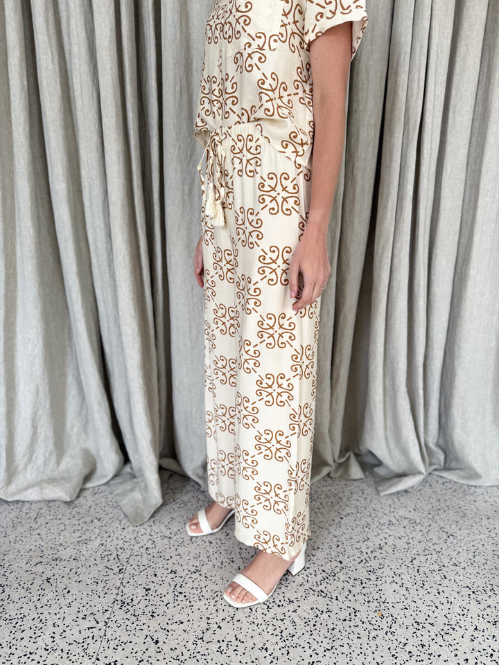 Zara Relaxed Fit Pants - Art Deco Tile Print Mocha