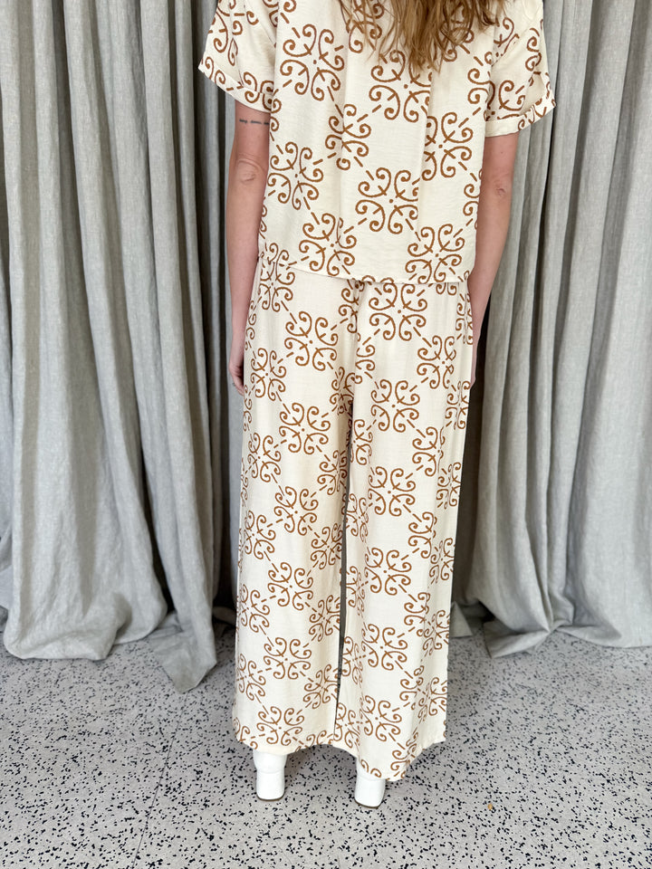 Zara Relaxed Fit Pants - Art Deco Tile Print Mocha