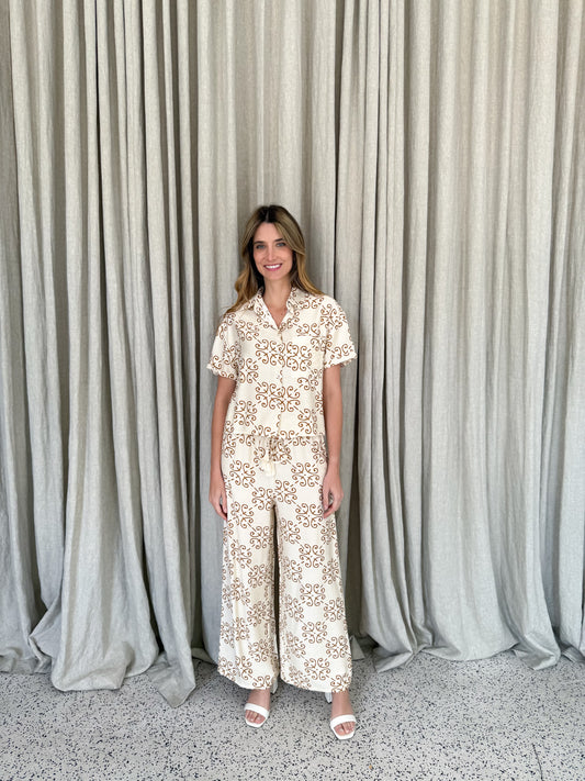 Zara Relaxed Fit Pants - Art Deco Tile Print Mocha