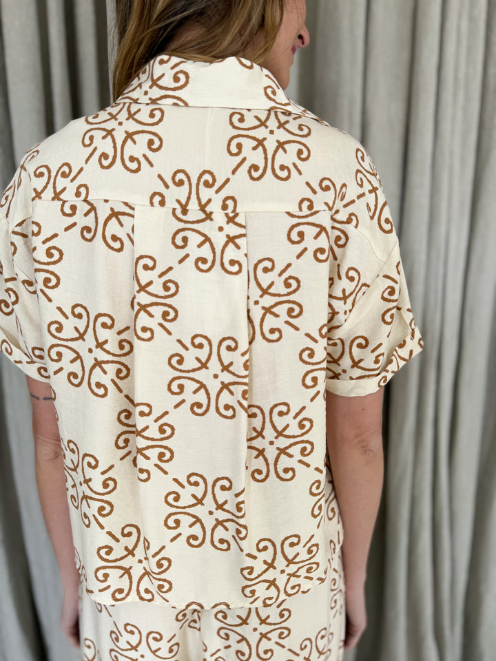 Zara Short Sleeve Shirt - Art Deco Tile Print Mocha