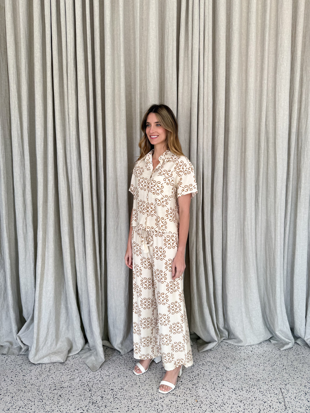 Zara Relaxed Fit Pants - Art Deco Tile Print Mocha