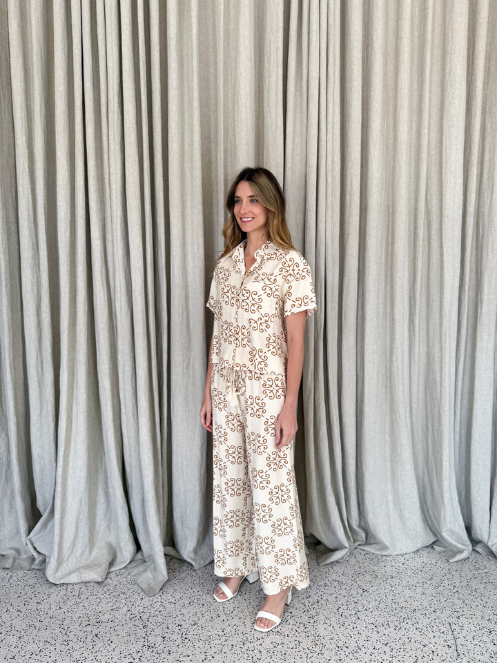 Zara Relaxed Fit Pants - Art Deco Tile Print Mocha