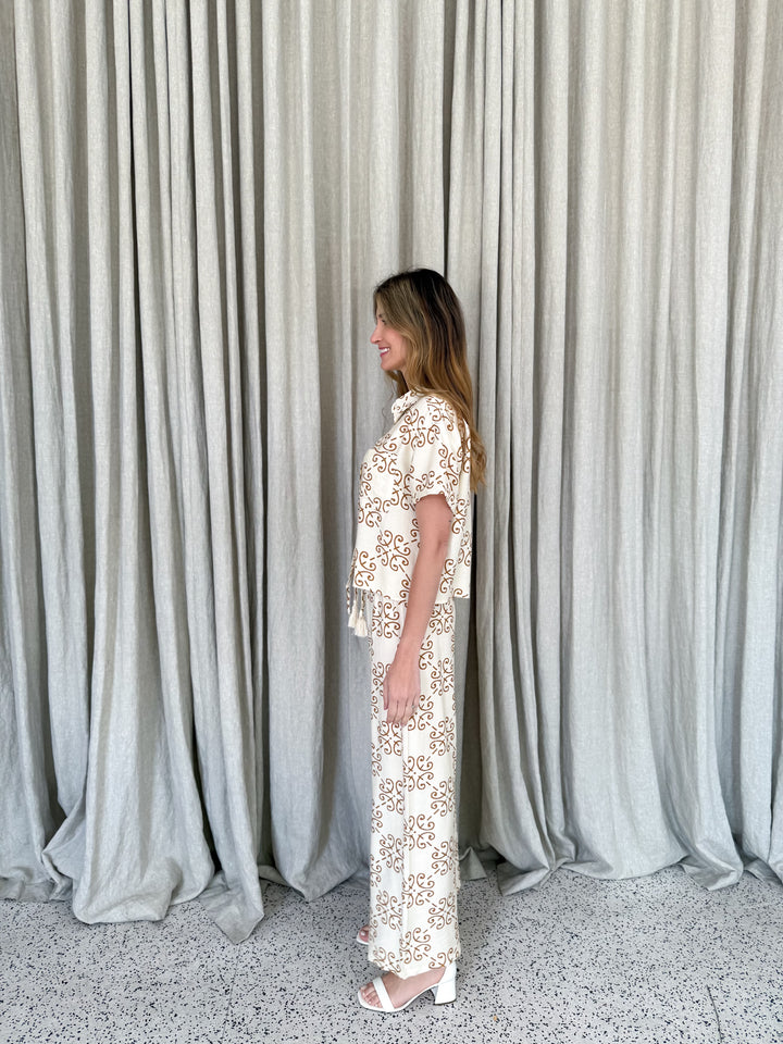 Zara Relaxed Fit Pants - Art Deco Tile Print Mocha