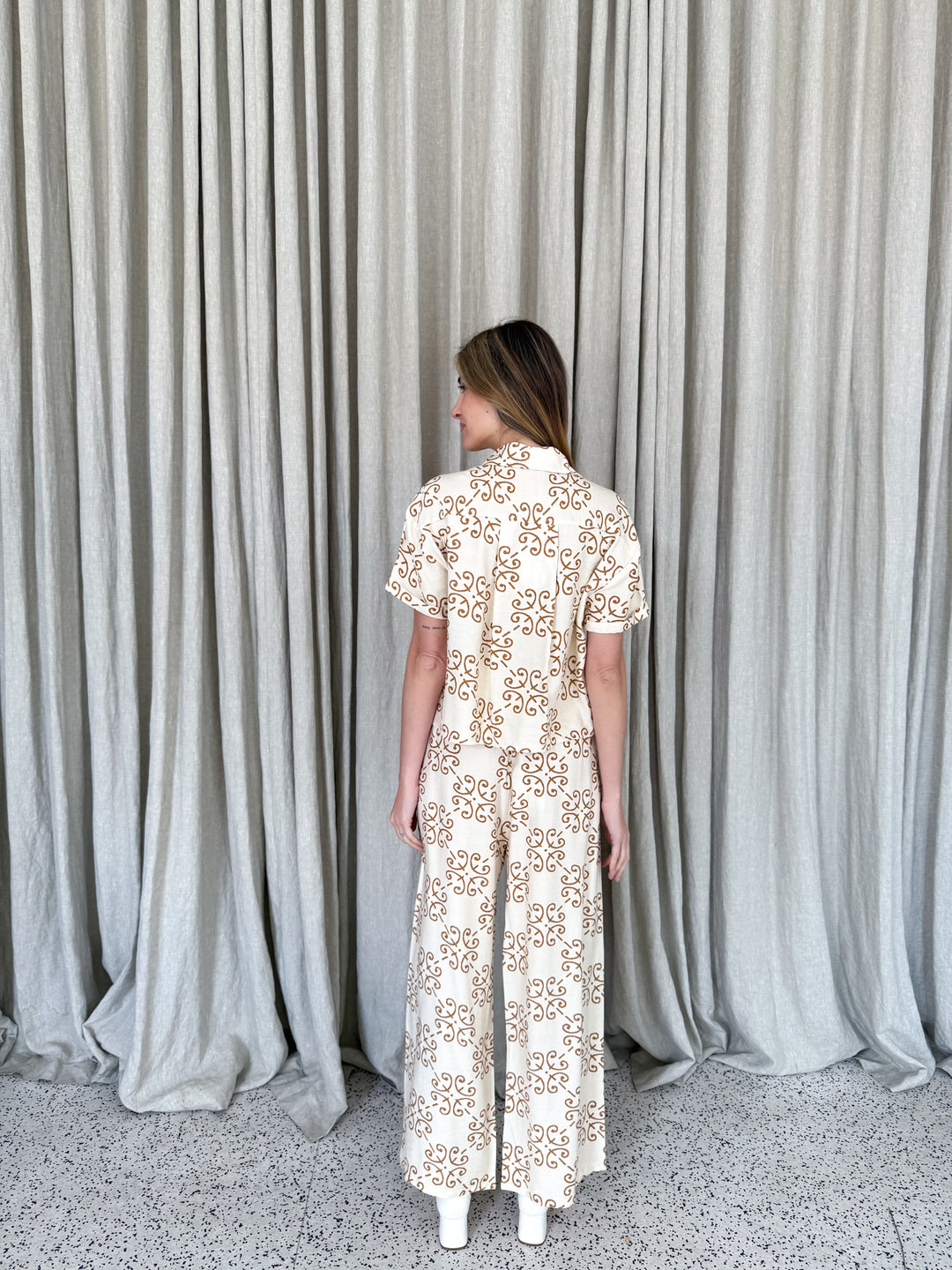 Zara Relaxed Fit Pants - Art Deco Tile Print Mocha