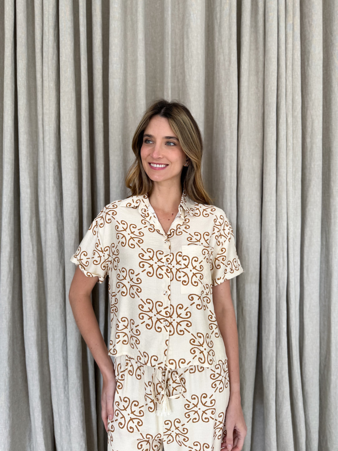 Zara Short Sleeve Shirt - Art Deco Tile Print Mocha
