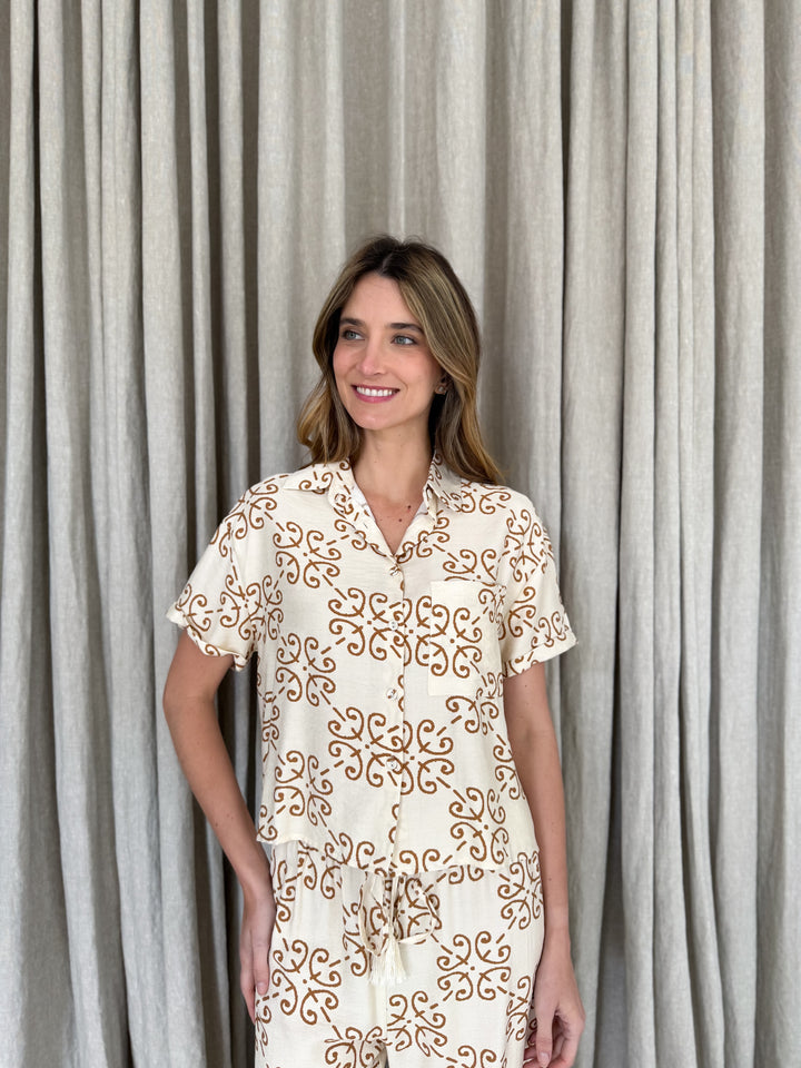 Zara Short Sleeve Shirt - Art Deco Tile Print Mocha