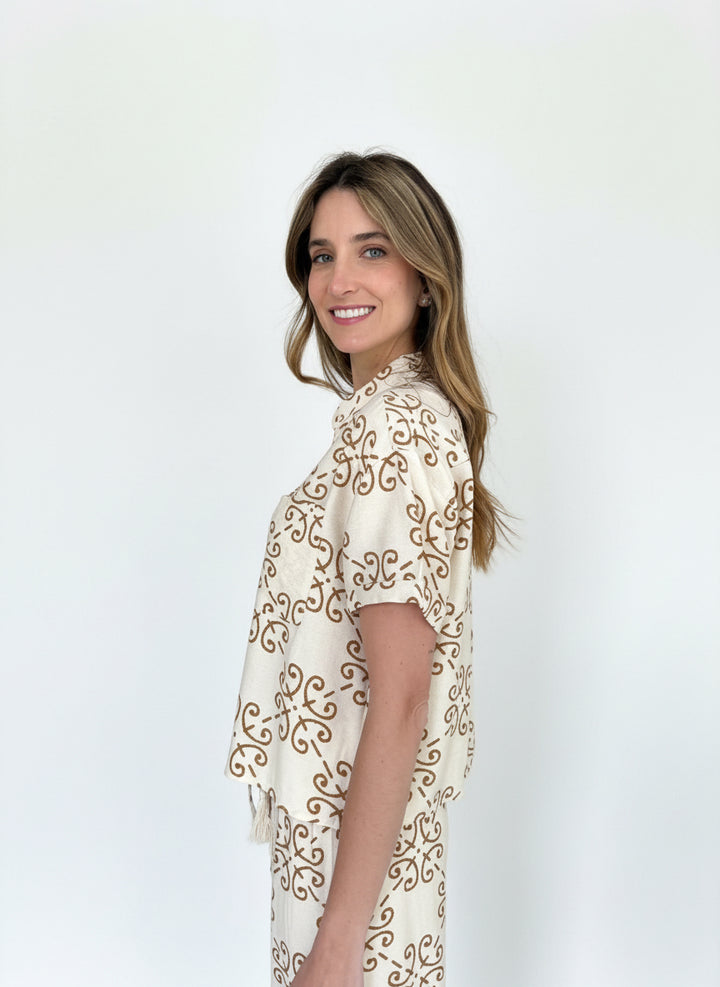 Zara Short Sleeve Shirt - Art Deco Tile Print Mocha