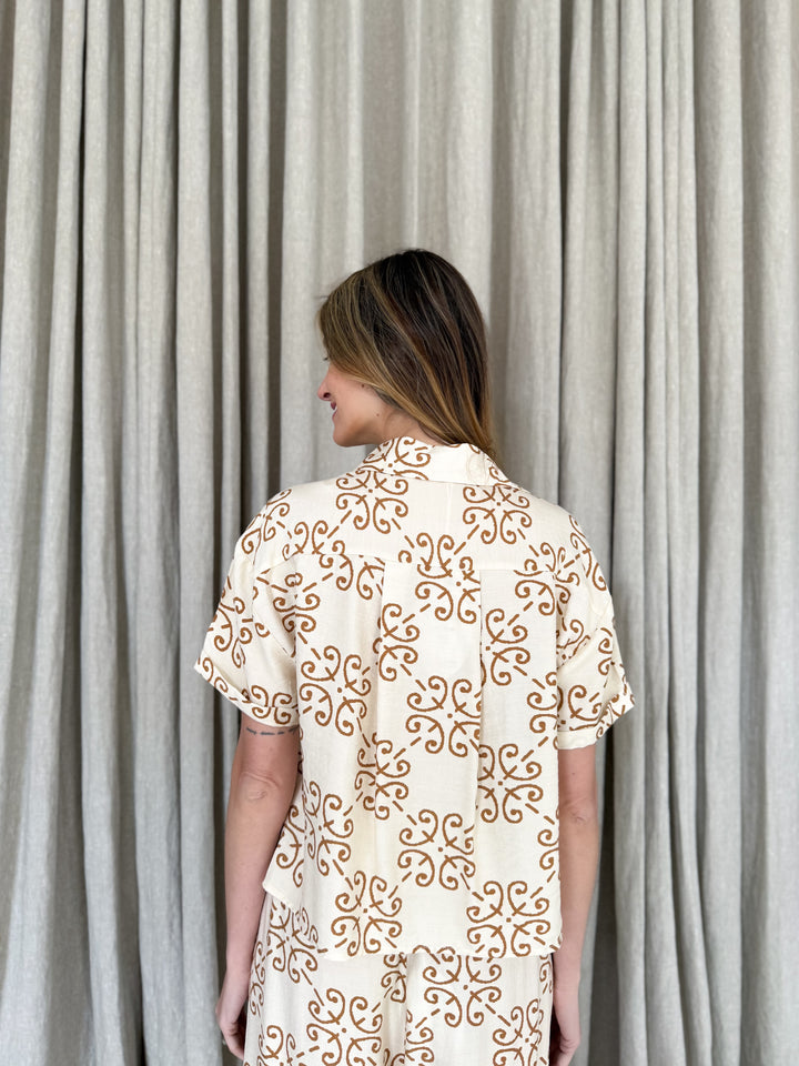 Zara Short Sleeve Shirt - Art Deco Tile Print Mocha