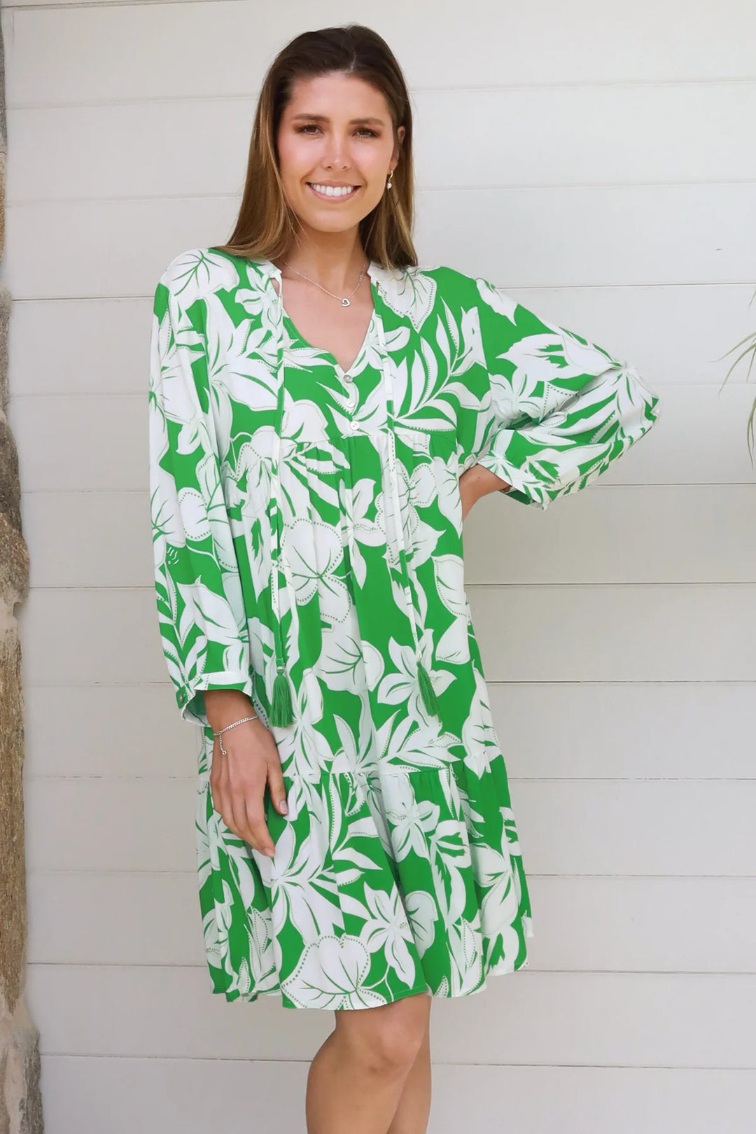 Zayla Long Sleeve Dress — Green White Floral