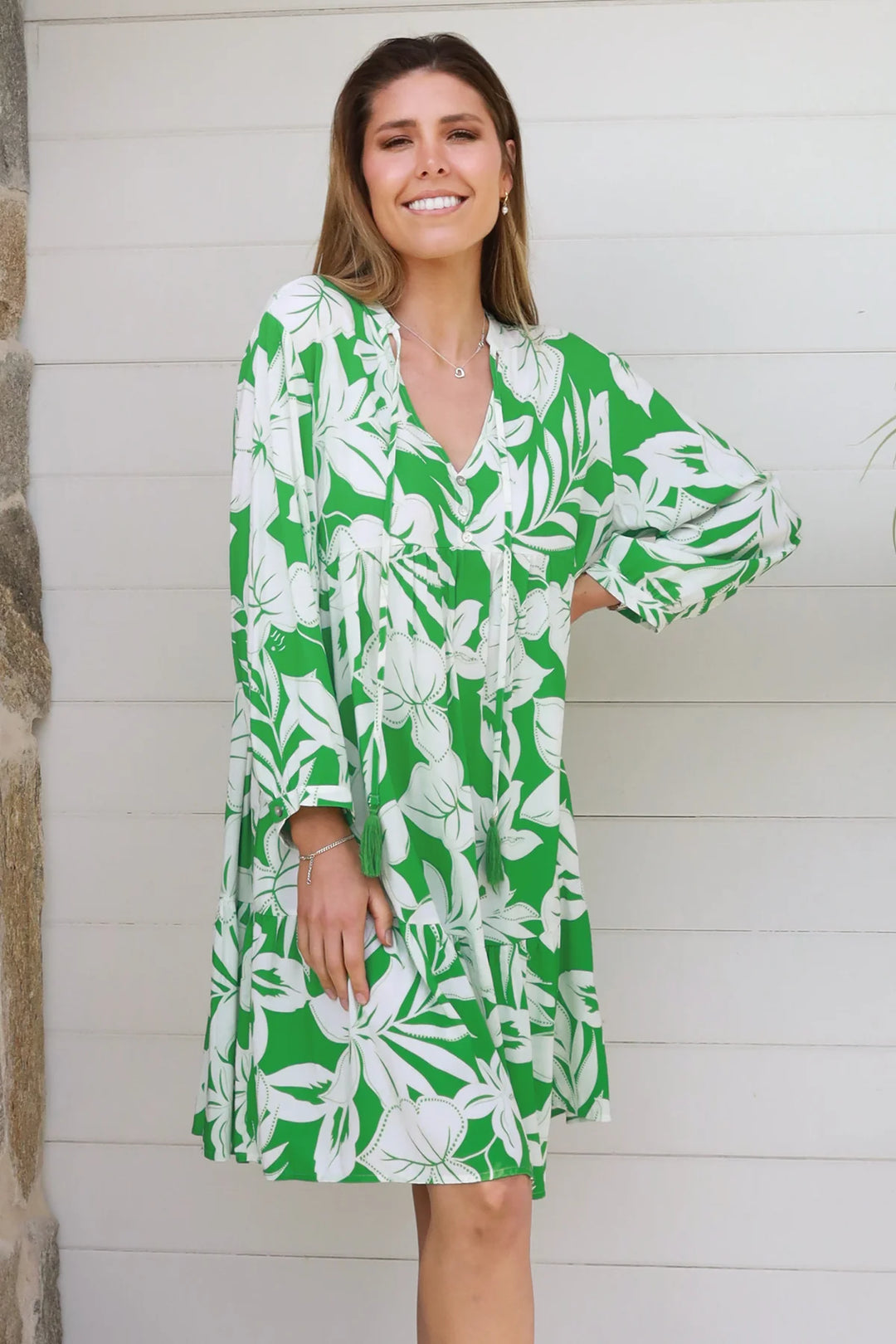 Zayla Long Sleeve Dress — Green White Floral