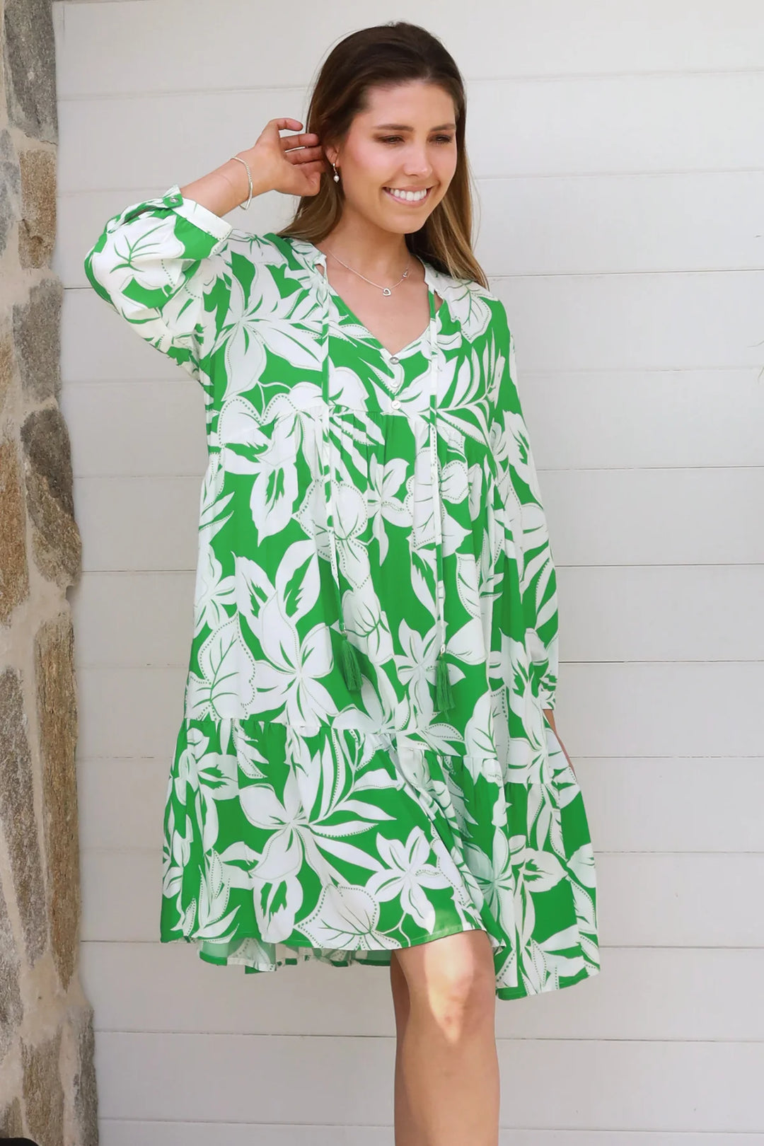 Zayla Long Sleeve Dress — Green White Floral