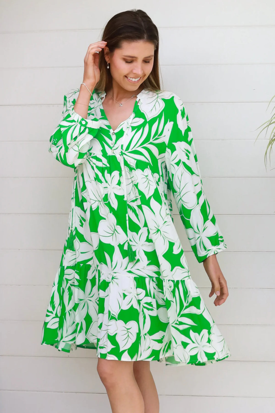 Zayla Long Sleeve Dress — Green White Floral