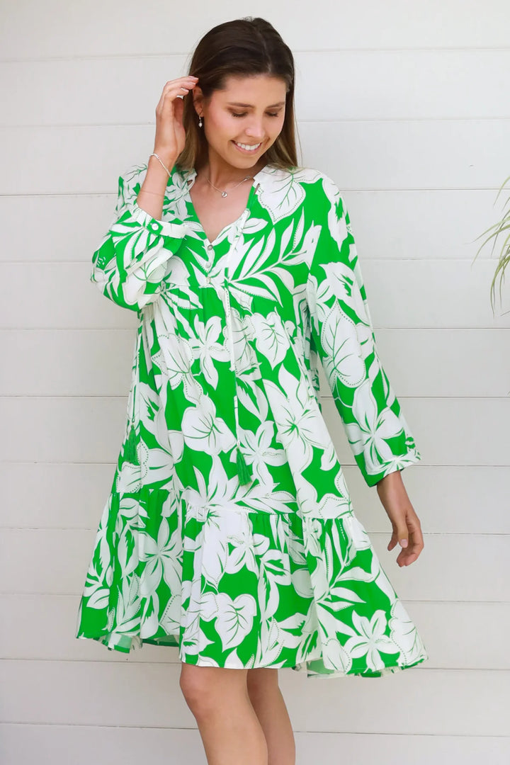 Zayla Long Sleeve Dress — Green White Floral