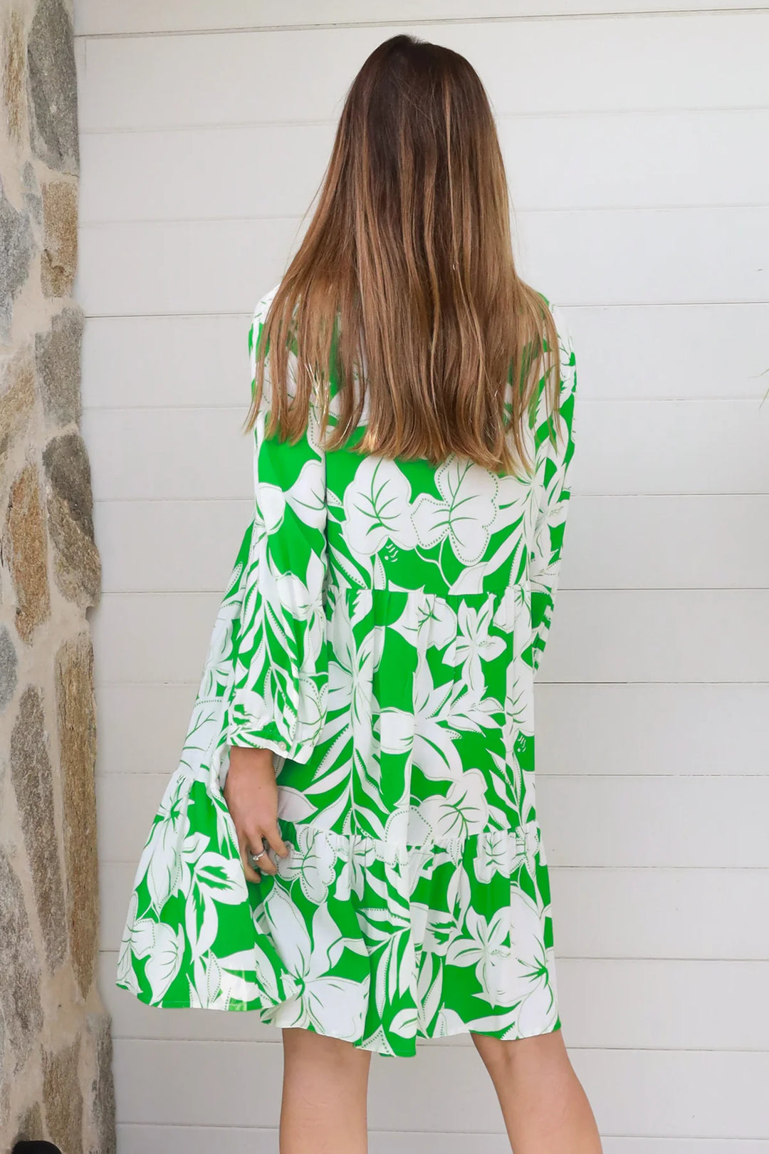 Zayla Long Sleeve Dress — Green White Floral