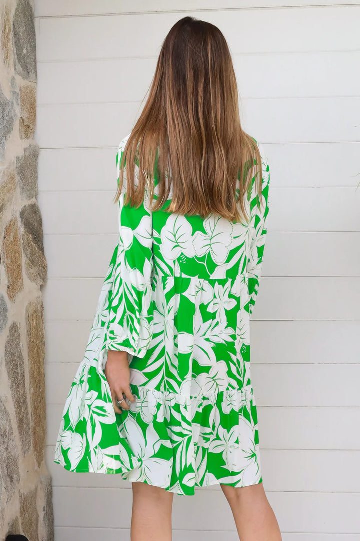 Zayla Long Sleeve Dress — Green White Floral
