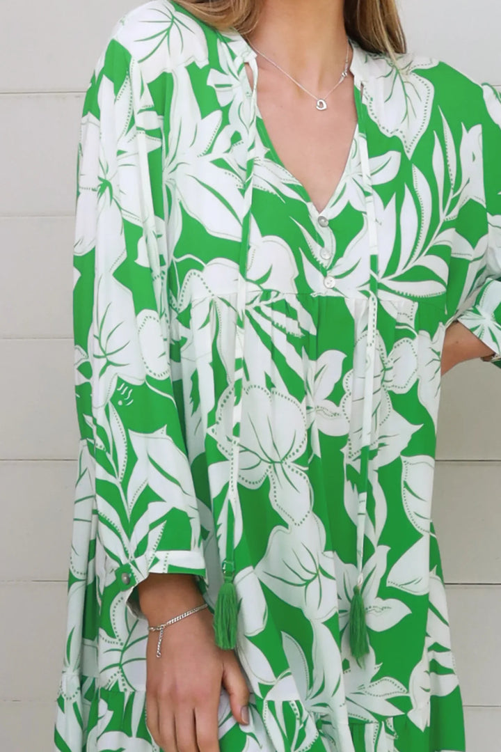 Zayla Long Sleeve Dress — Green White Floral